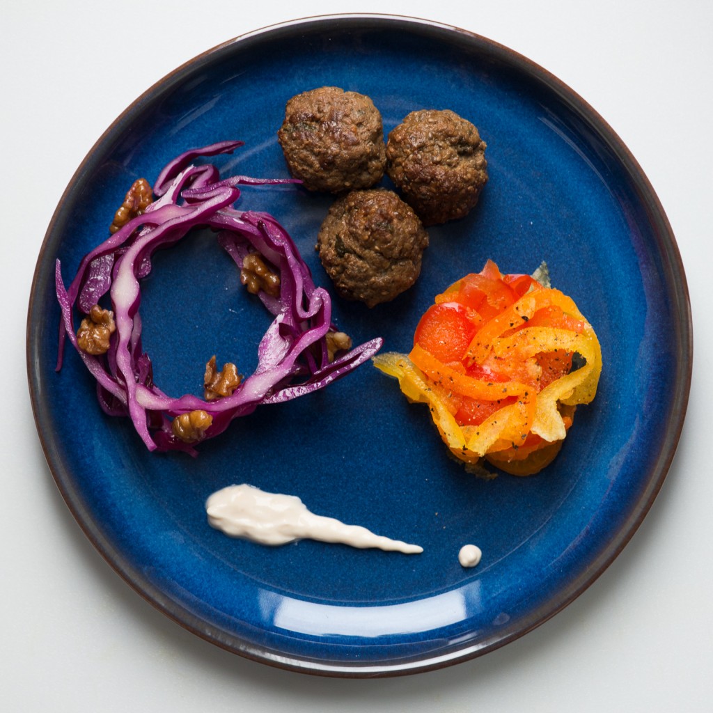 Sweet and Spicy Meatballs with Tricolore Pepper Salad and Walnut Cabbage 0658
